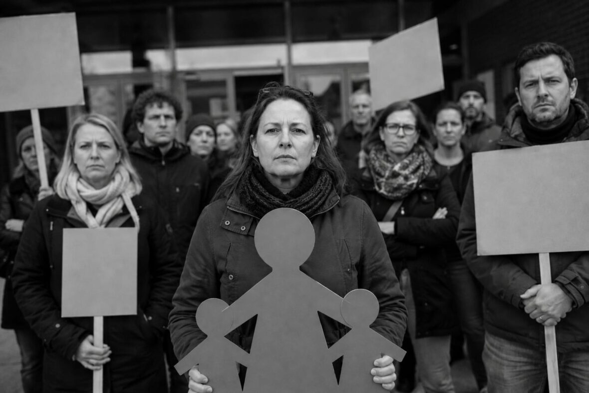 Protest vor Glasfassade in Schwarz-Weiß