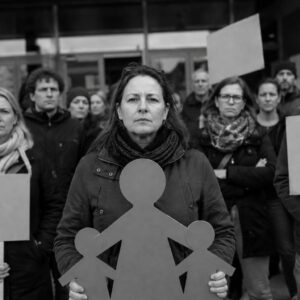 Protest vor Glasfassade in Schwarz-Weiß