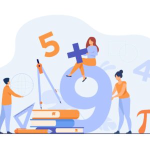 Happy students learning math in college or school isolated flat vector illustration. Cartoon digits, geometry figures, algebra formulas and arithmetic symbols. Education and knowledge concept